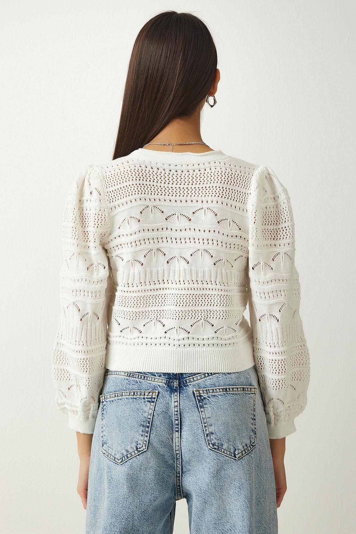 Ecru Buttoned Openwork Knitted Cardigan, , large image number 4