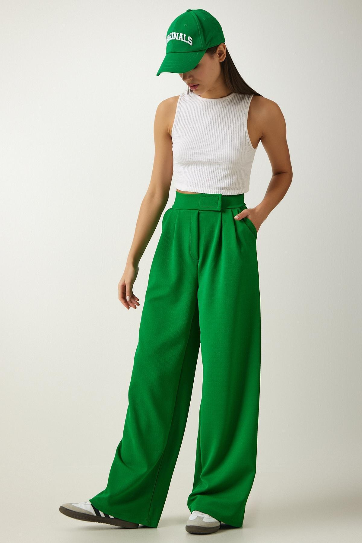 Vibrant Green Velcro Waist Comfortable Palazzo Pants L?001, , large image number 0