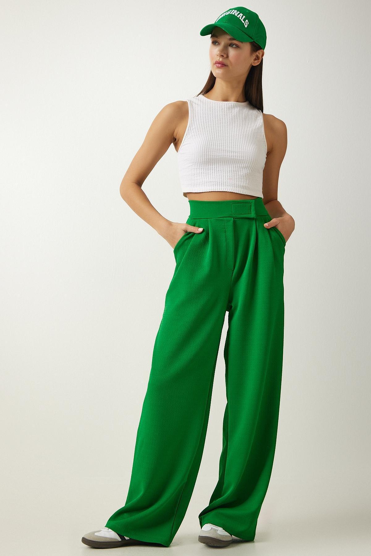 Vibrant Green Velcro Waist Comfortable Palazzo Pants L?001, , large image number 1