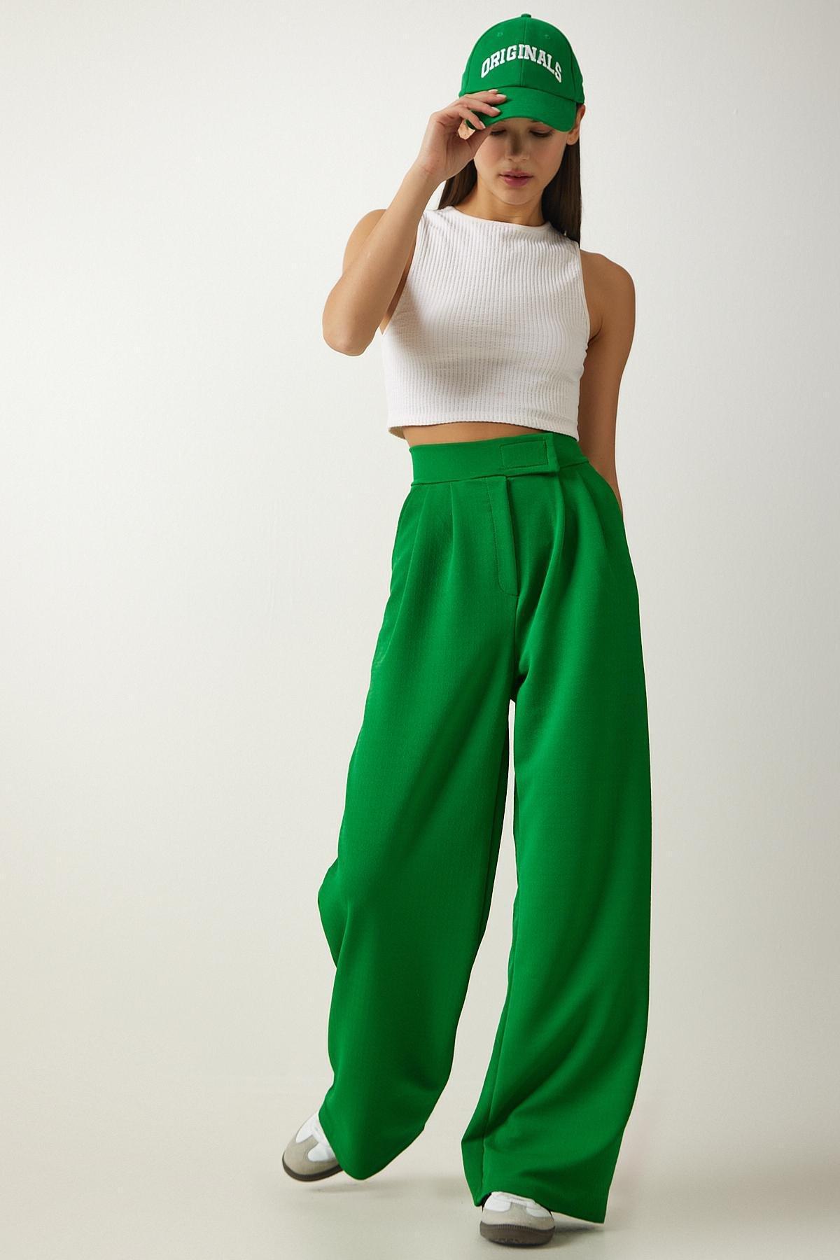 Vibrant Green Velcro Waist Comfortable Palazzo Pants L?001, , large image number 2