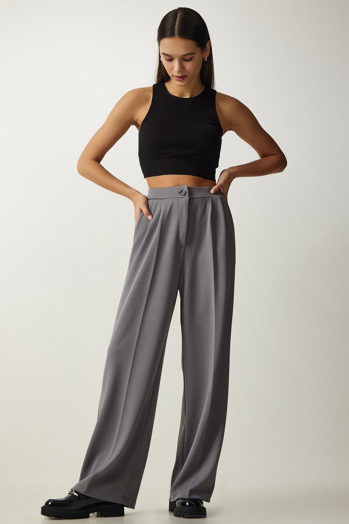 Grey Pleated Palazzo Trousers, , large image number 0