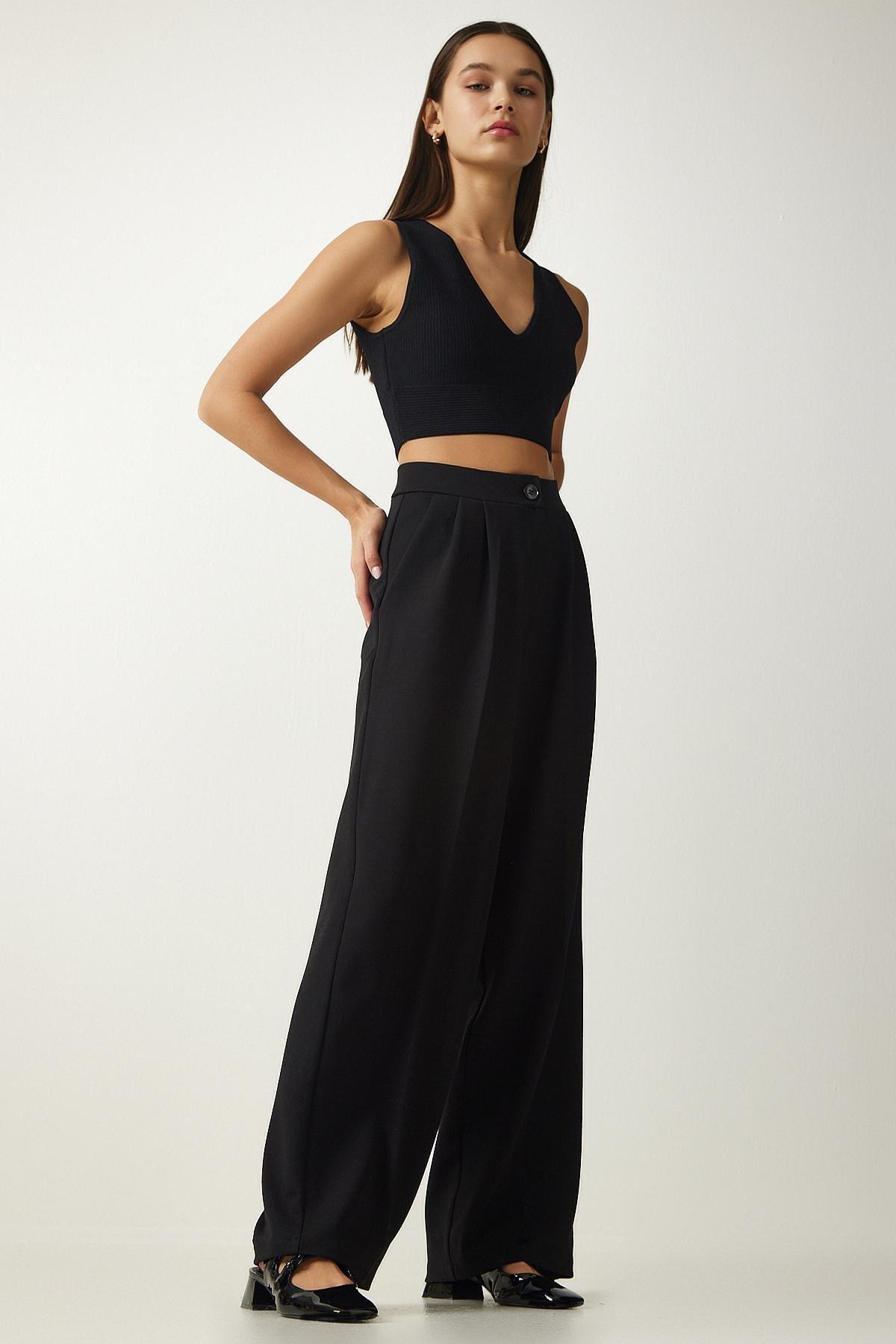 Black Pleated Palazzo Trousers, , large image number 0