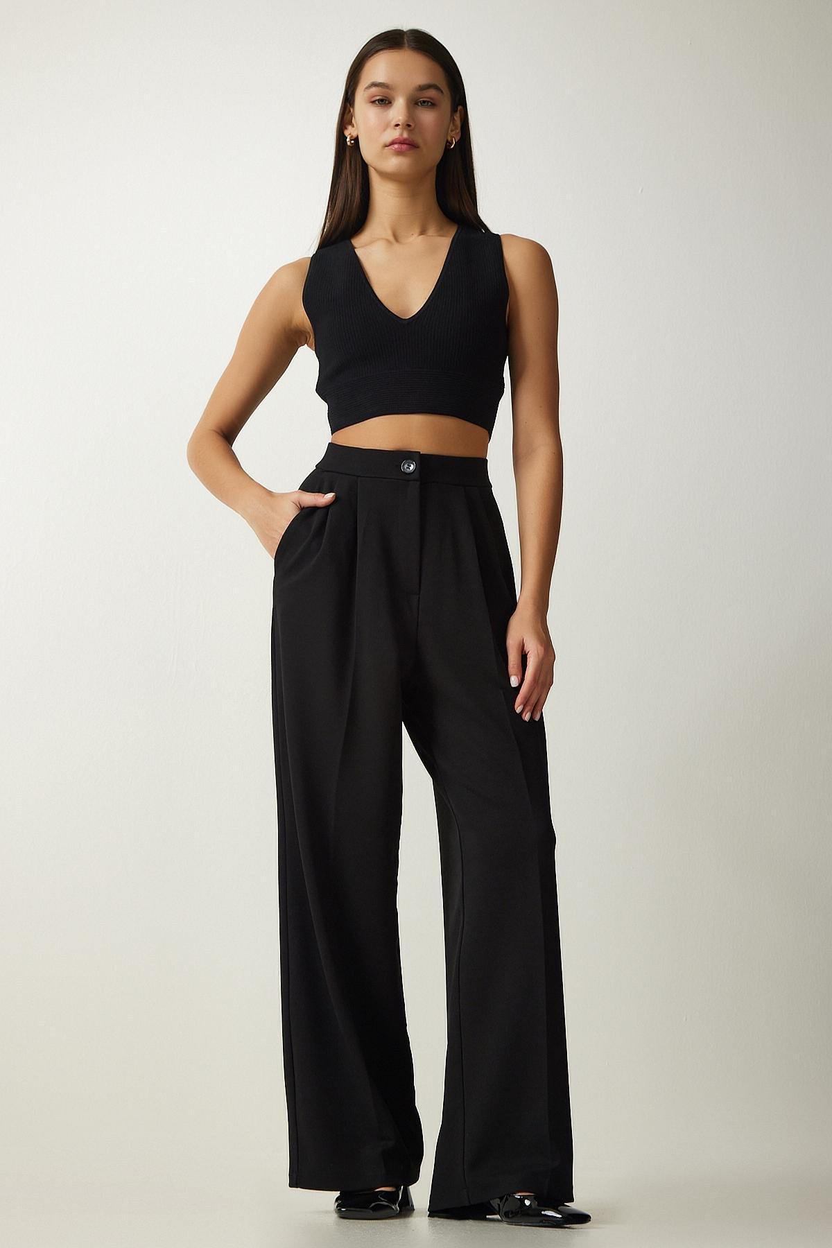 Black Pleated Palazzo Trousers, , large image number 1