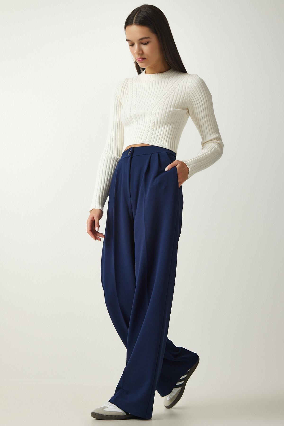 Navy Pleated Palazzo Trousers, , large image number 0