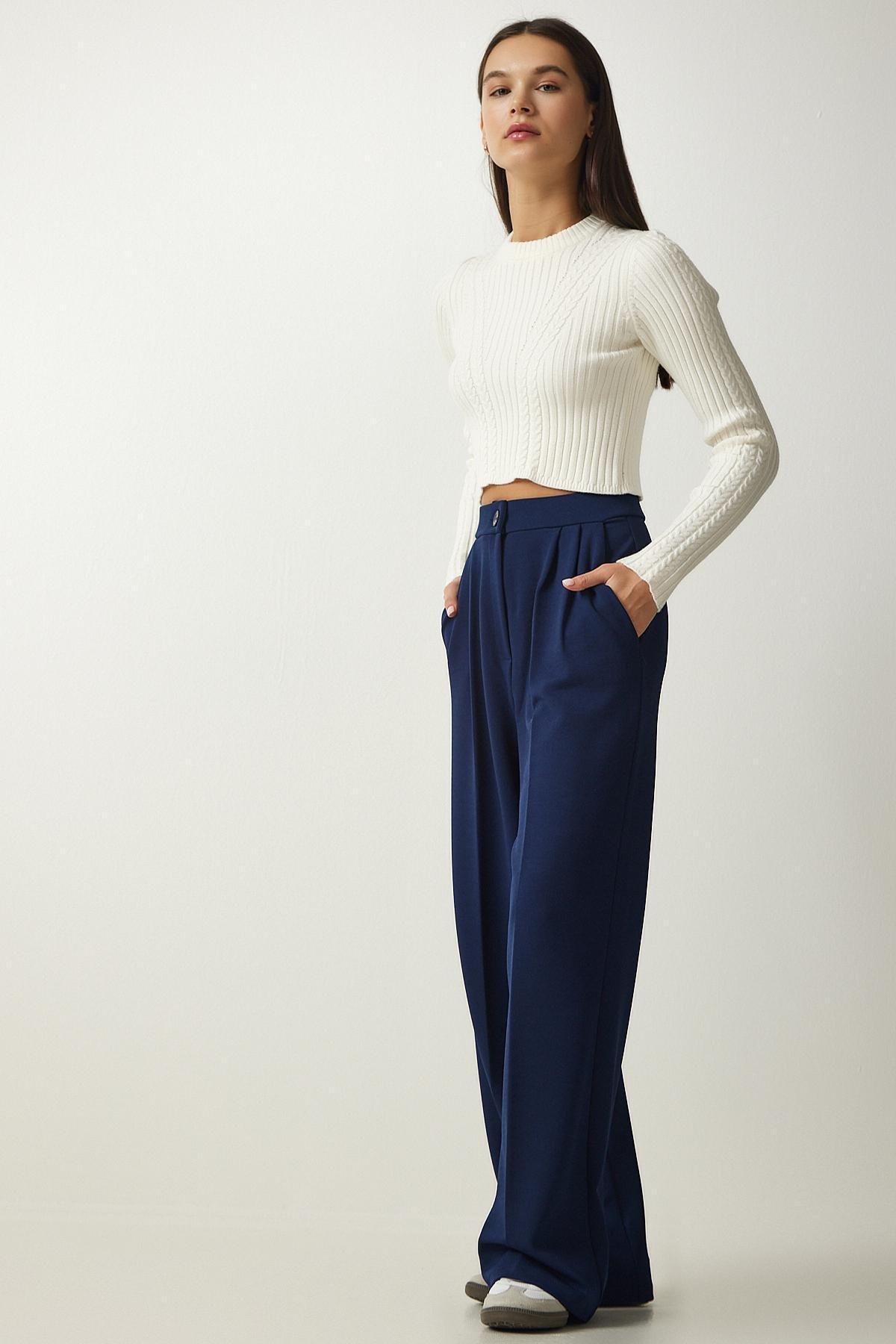 Navy Pleated Palazzo Trousers, , large image number 1