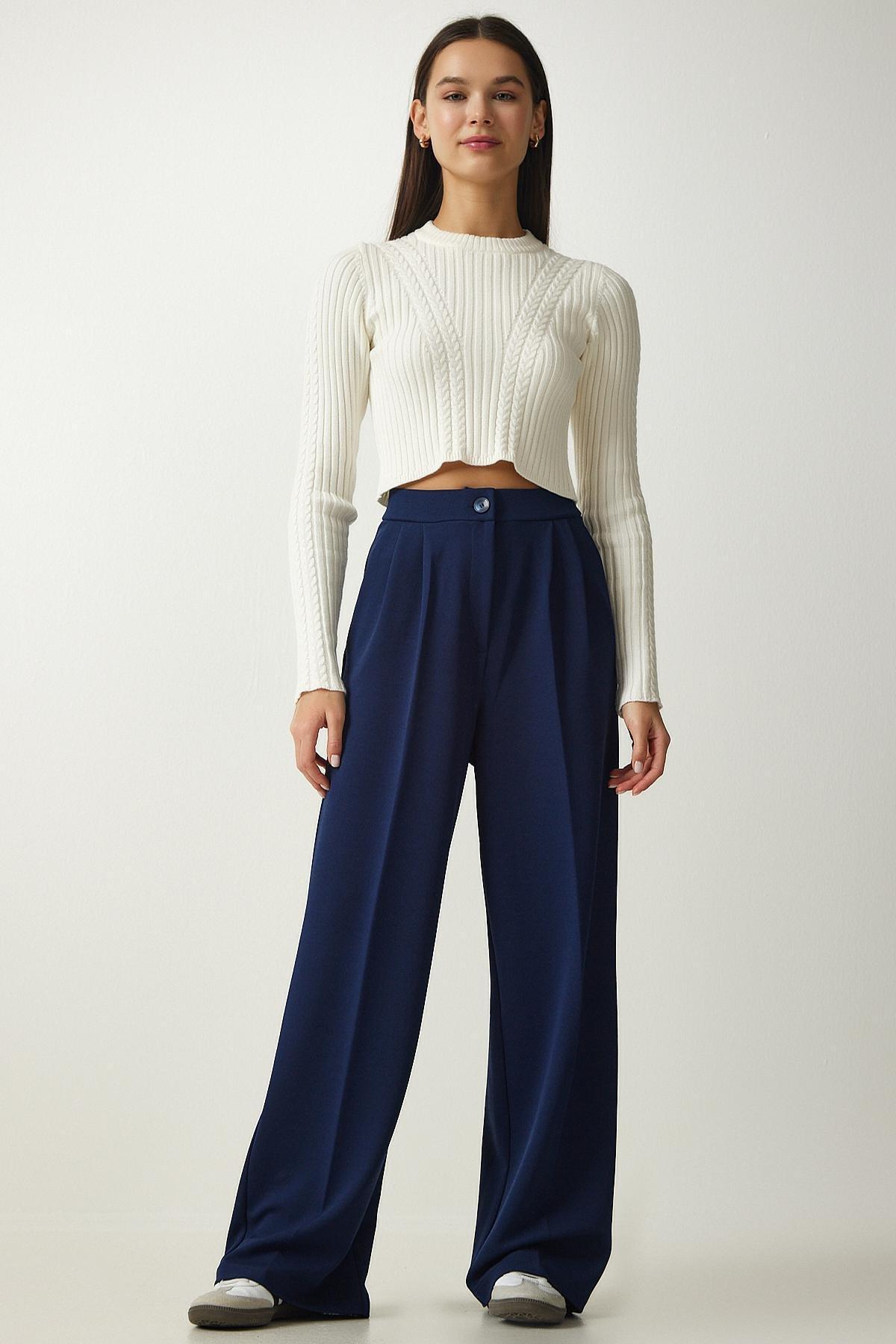 Navy Pleated Palazzo Trousers, , large image number 2