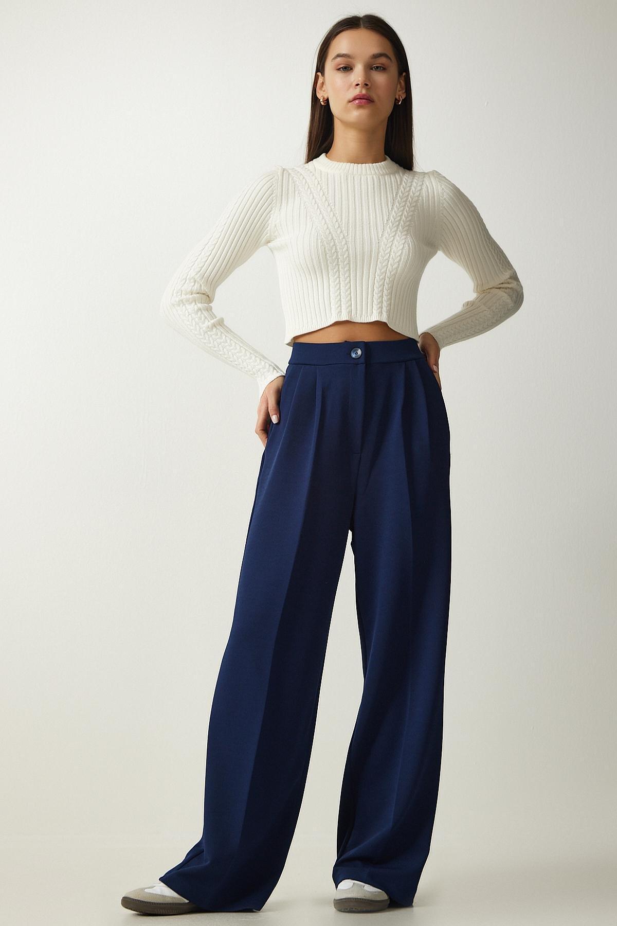 Navy Pleated Palazzo Trousers, , large image number 3