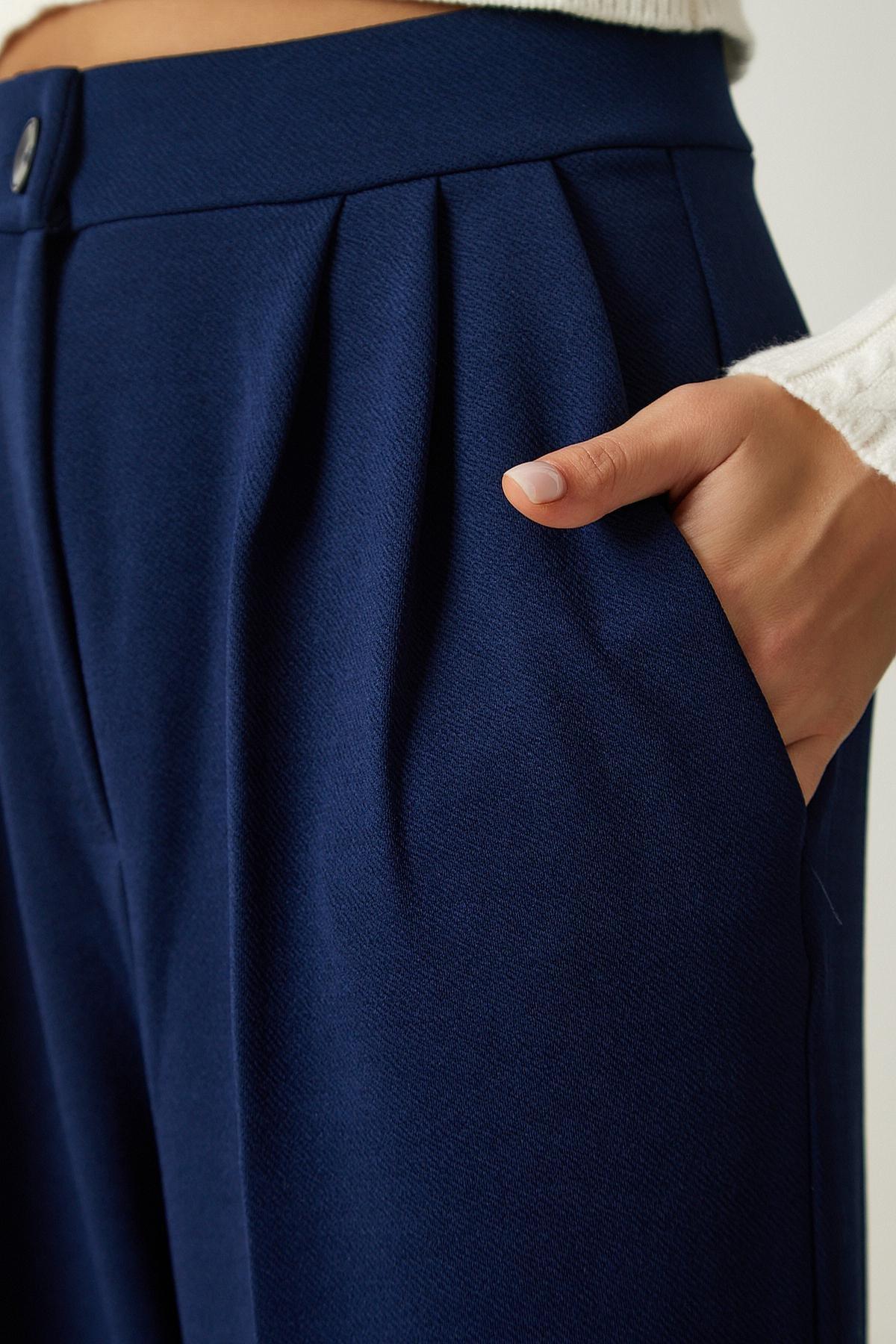 Navy Pleated Palazzo Trousers, , large image number 4