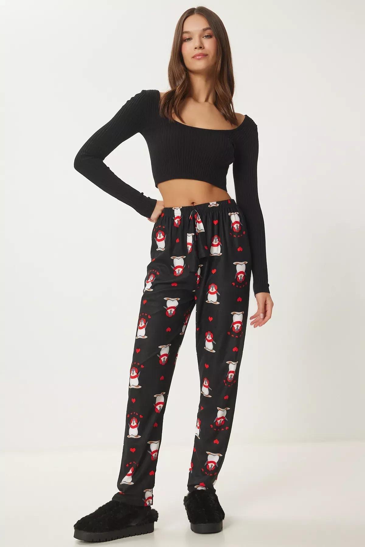 Black Patterned Textured Pyjamas Bottoms, BLACK, medium