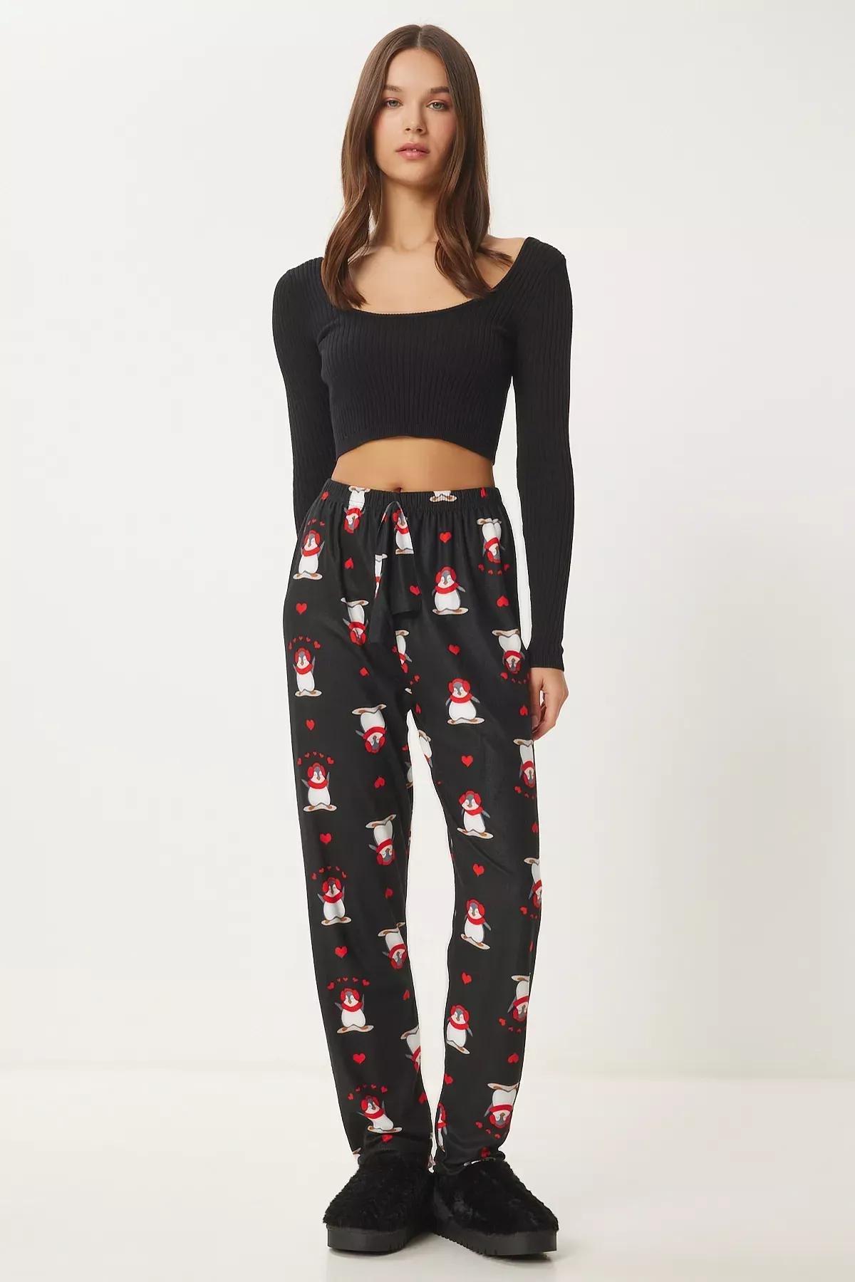 Black Patterned Textured Pyjamas Bottoms, BLACK, large image number 3