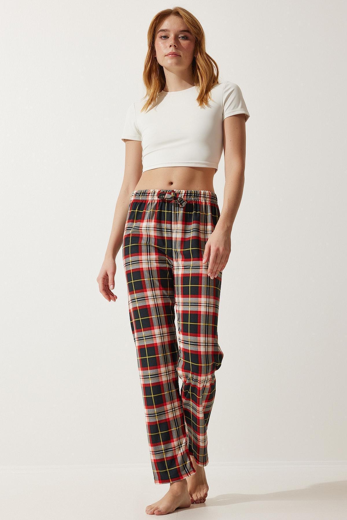 Black Patterned Textured Knitted Pyjamas Bottoms, Black red, large image number 0