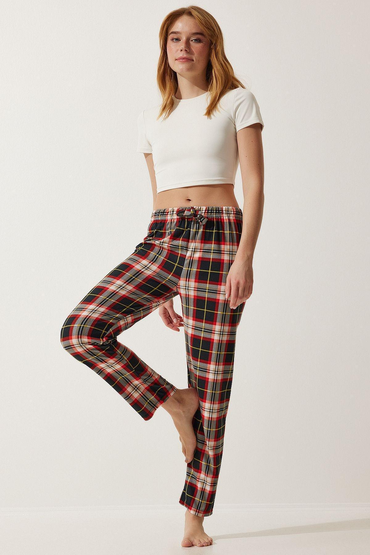 Black Patterned Textured Knitted Pyjamas Bottoms, Black red, large image number 1