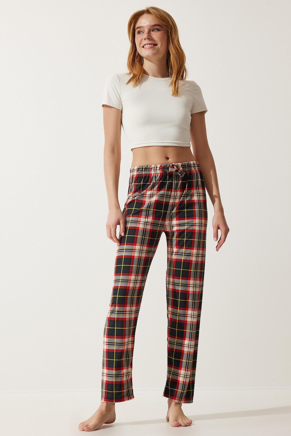 Black Patterned Textured Knitted Pyjamas Bottoms, Black red, large image number 2