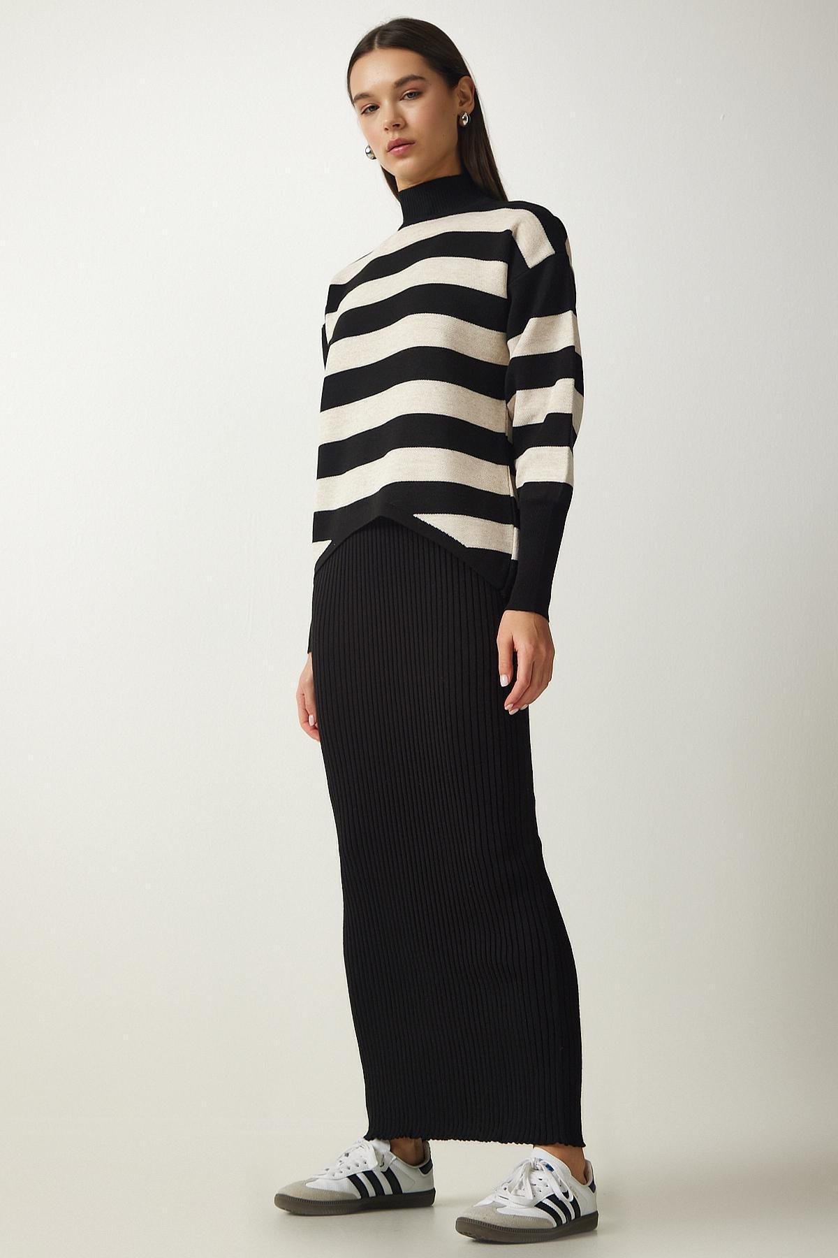 Happiness Istanbul - Womens Black Striped Sweater Dress Knitwear Suit KG00008, 2 x