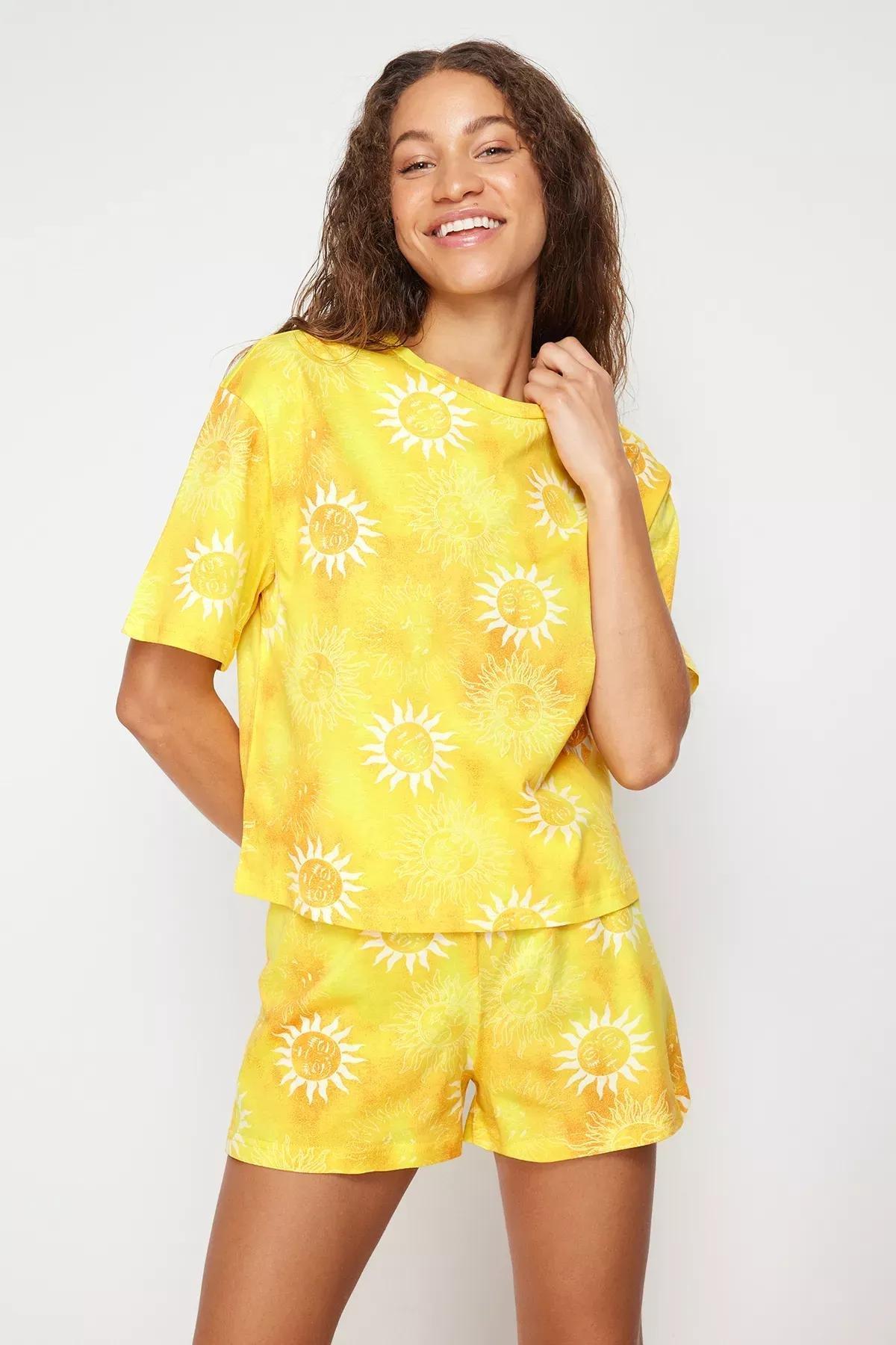 Yellow Cotton Sun Patterned Pajama Set, Orange, large image number 0