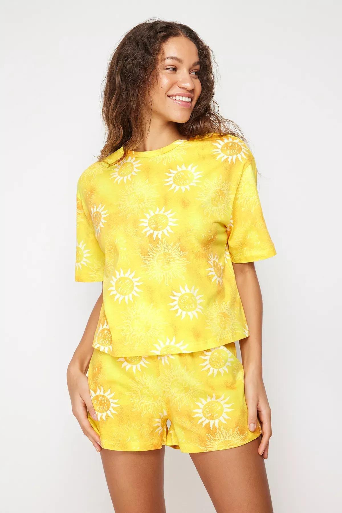 Yellow Cotton Sun Patterned Pajama Set, Orange, large image number 1