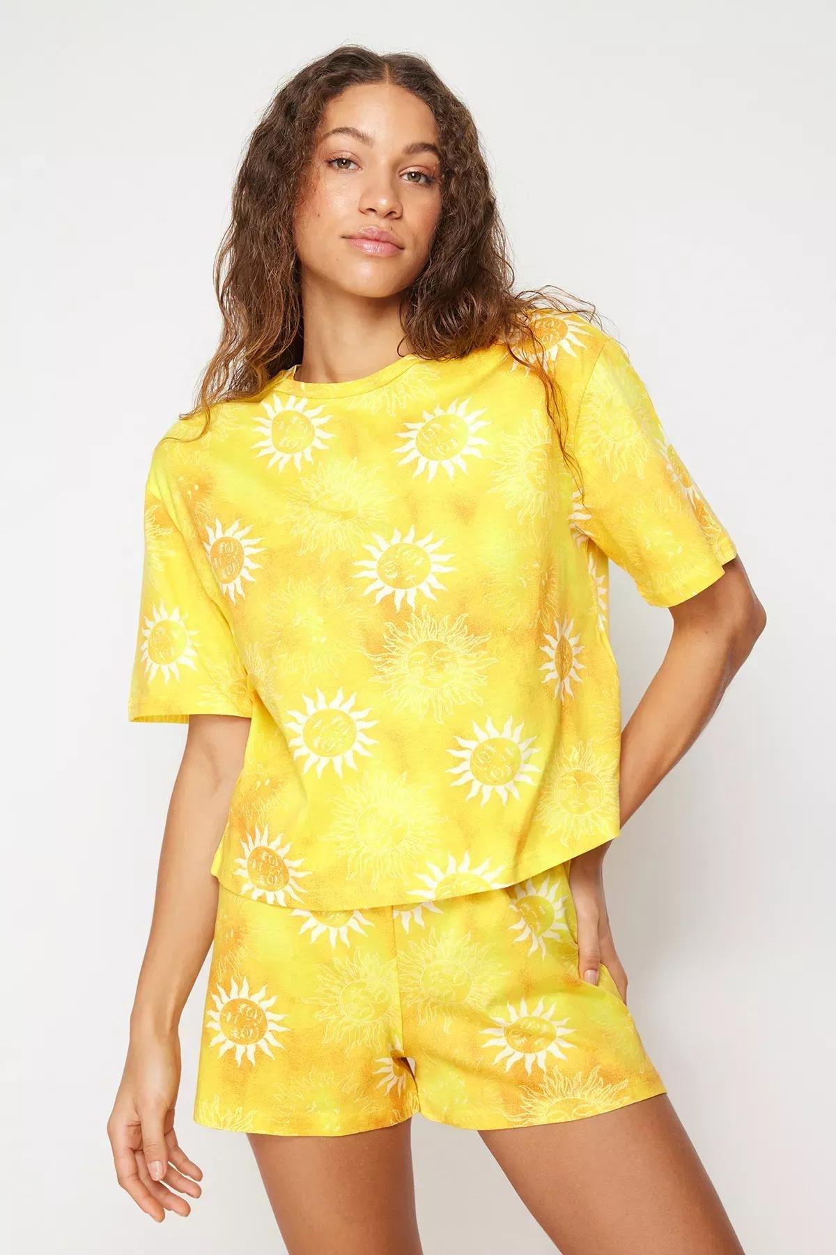 Yellow Cotton Sun Patterned Pajama Set, Orange, large image number 2