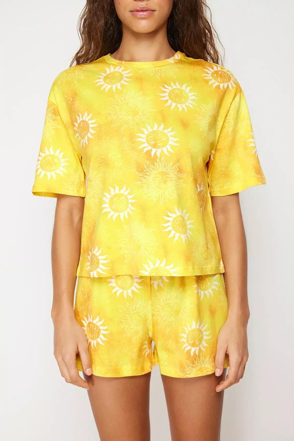 Yellow Cotton Sun Patterned Pajama Set, Orange, large image number 3