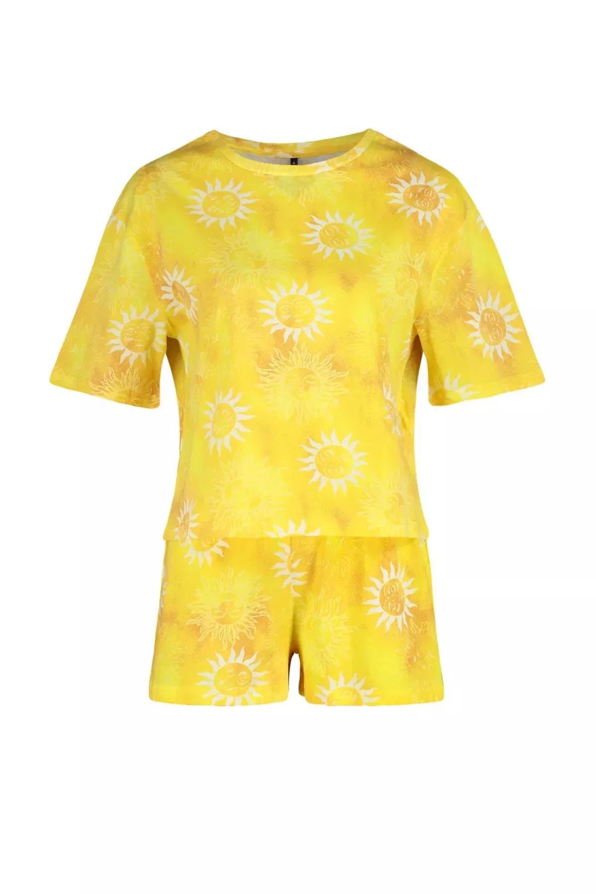 Yellow Cotton Sun Patterned Pajama Set, Orange, large image number 5