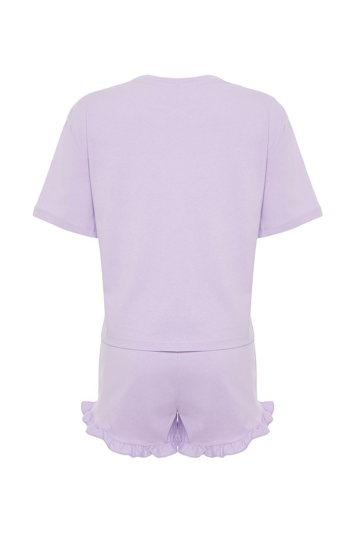 Trendyol - Purple Animal Print Ruffle Detail Pajamas Set
