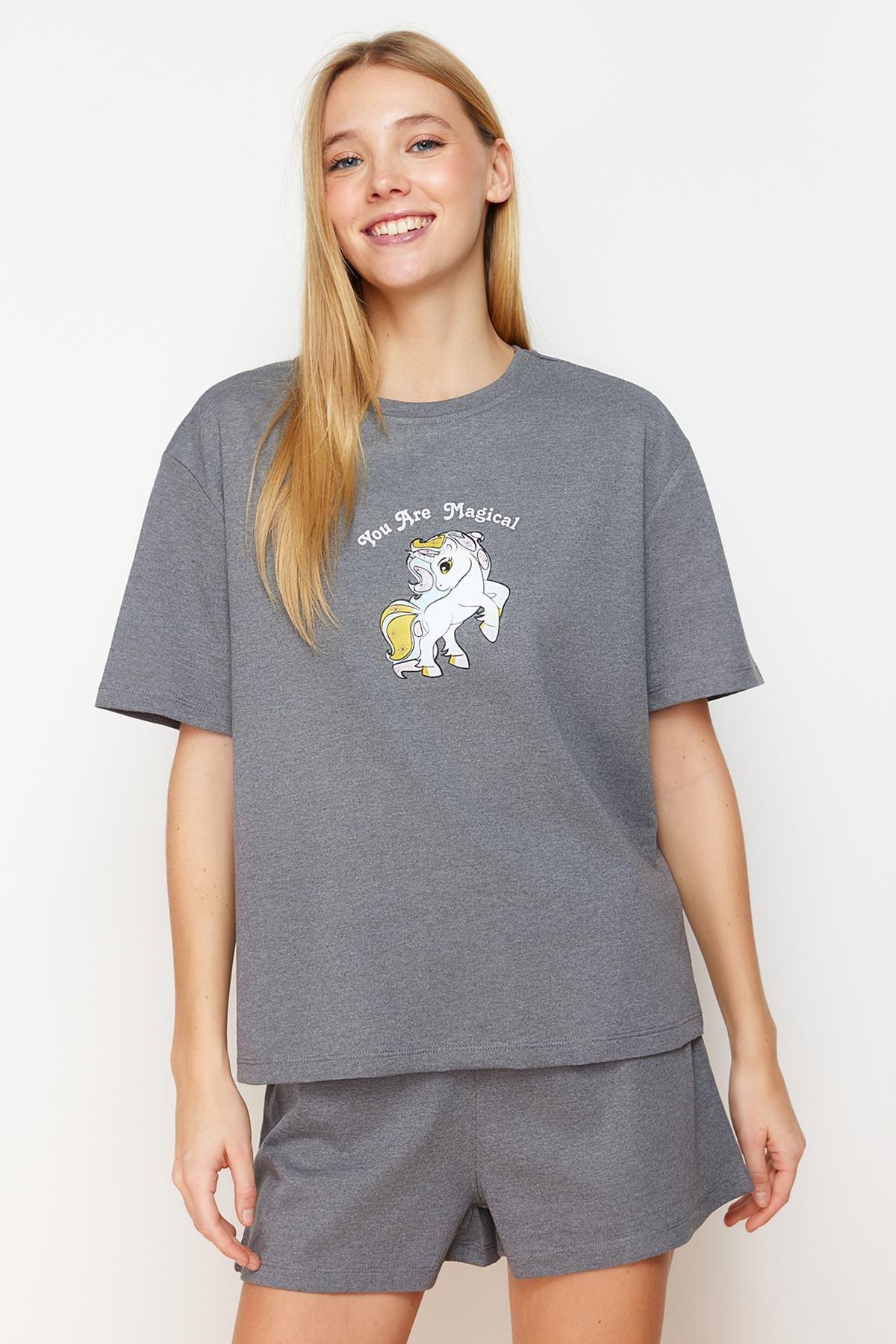 Grey Printed Knitted Pajamas Set, , large image number 0