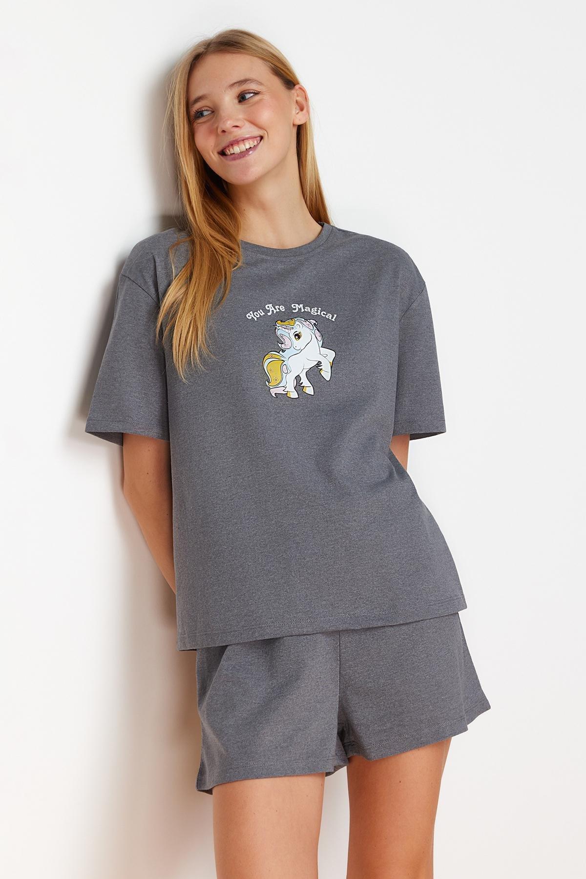 Grey Printed Knitted Pajamas Set, , large image number 1
