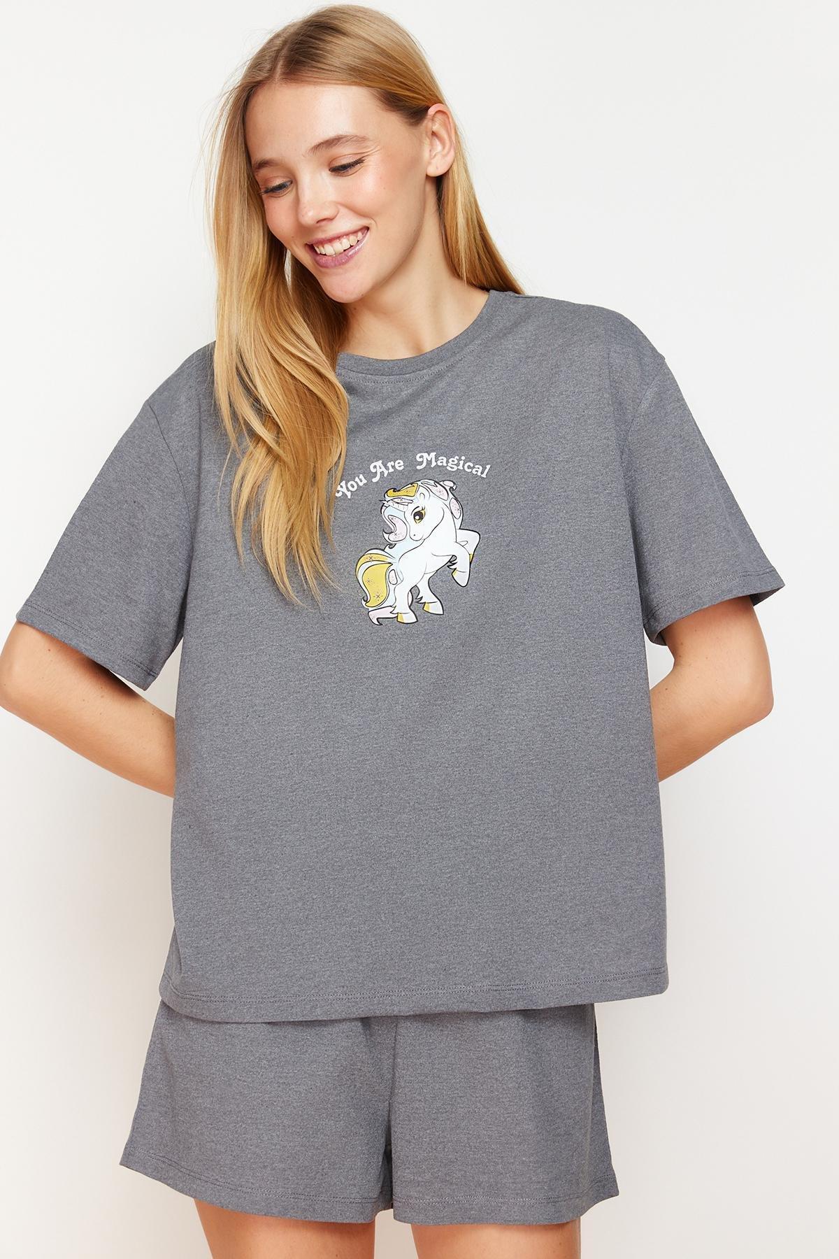 Grey Printed Knitted Pajamas Set, , large image number 2