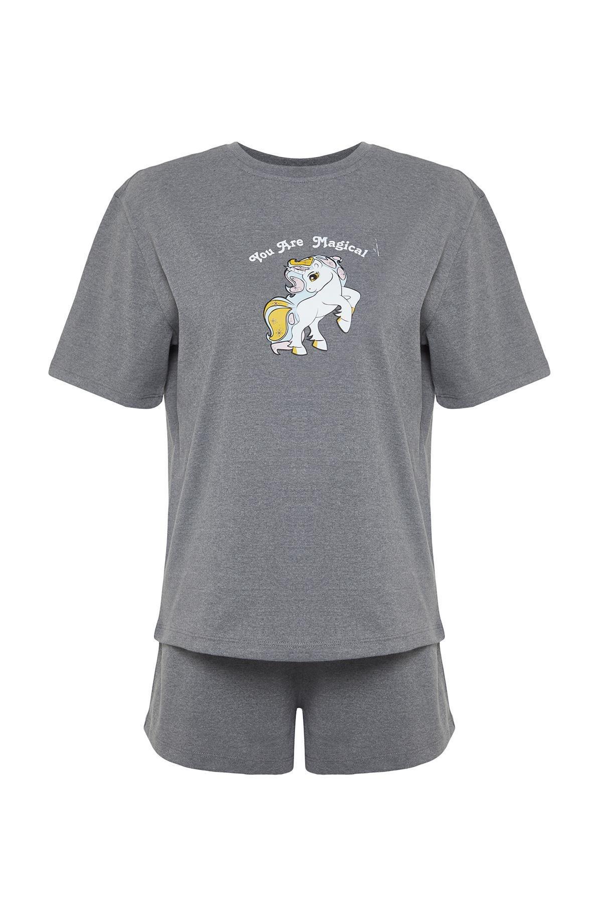 Trendyol - Grey Printed Knitted Pajamas Set