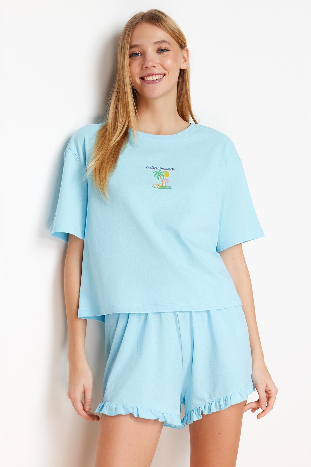 Blue Printed Detailed Knitted Pajamas Set, , large image number 0
