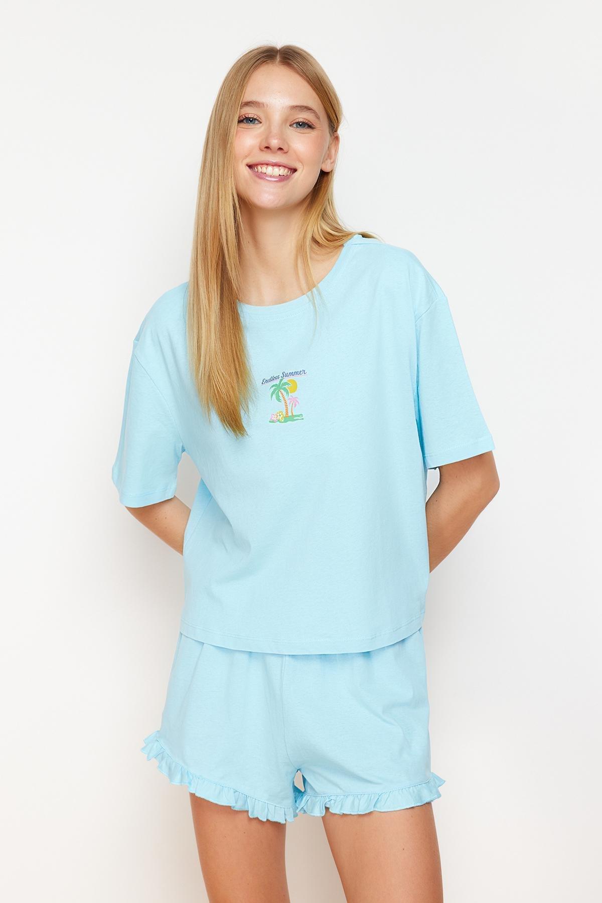 Blue Printed Detailed Knitted Pajamas Set, , large image number 2