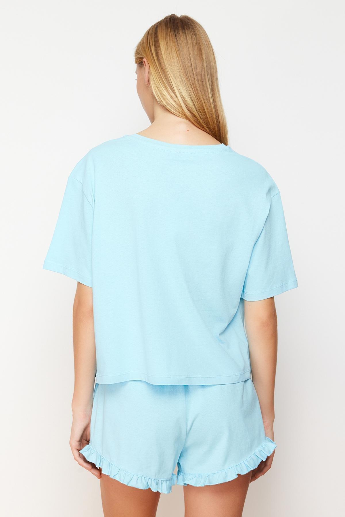 Blue Printed Detailed Knitted Pajamas Set, , large image number 4