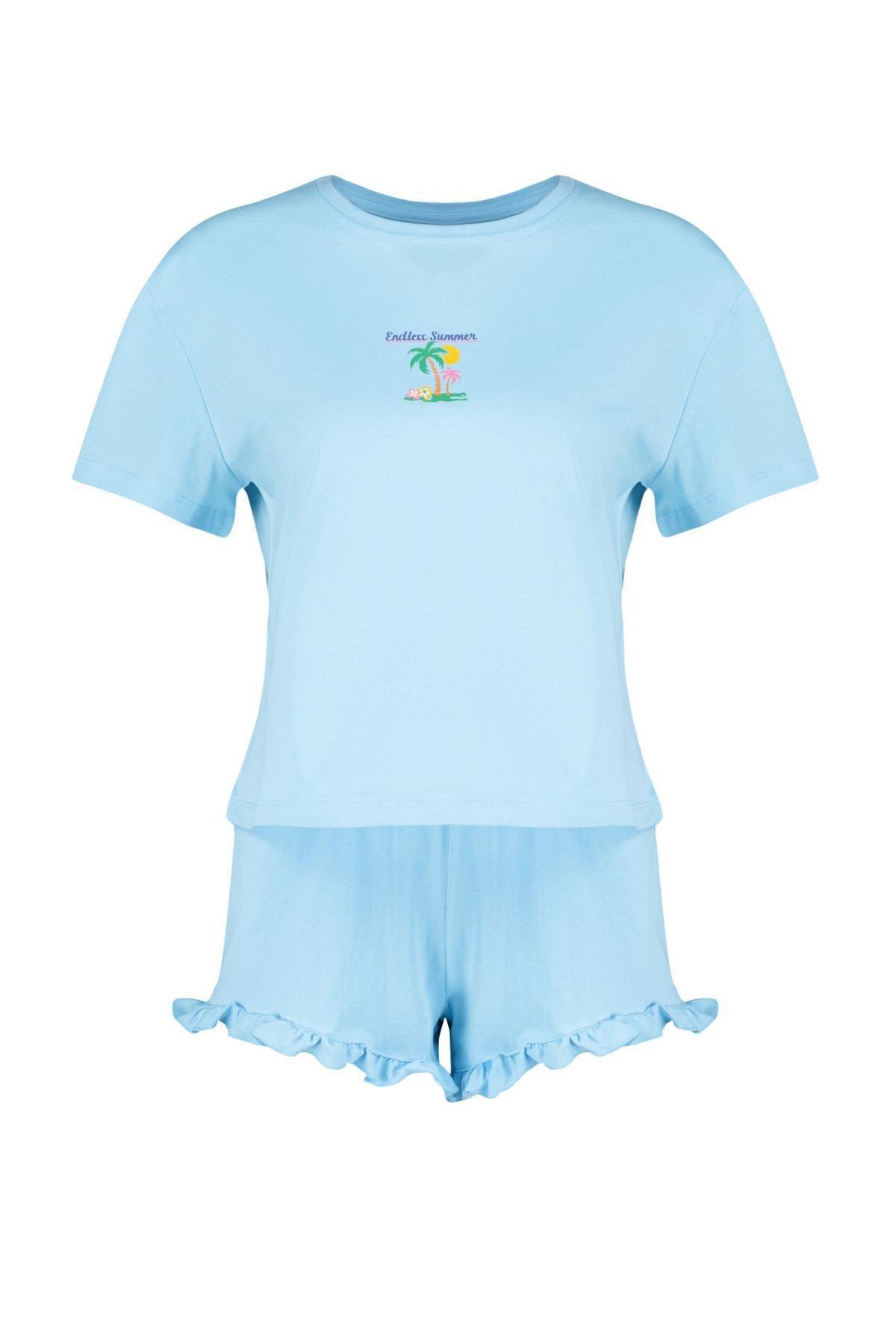 Blue Printed Detailed Knitted Pajamas Set, , large image number 5