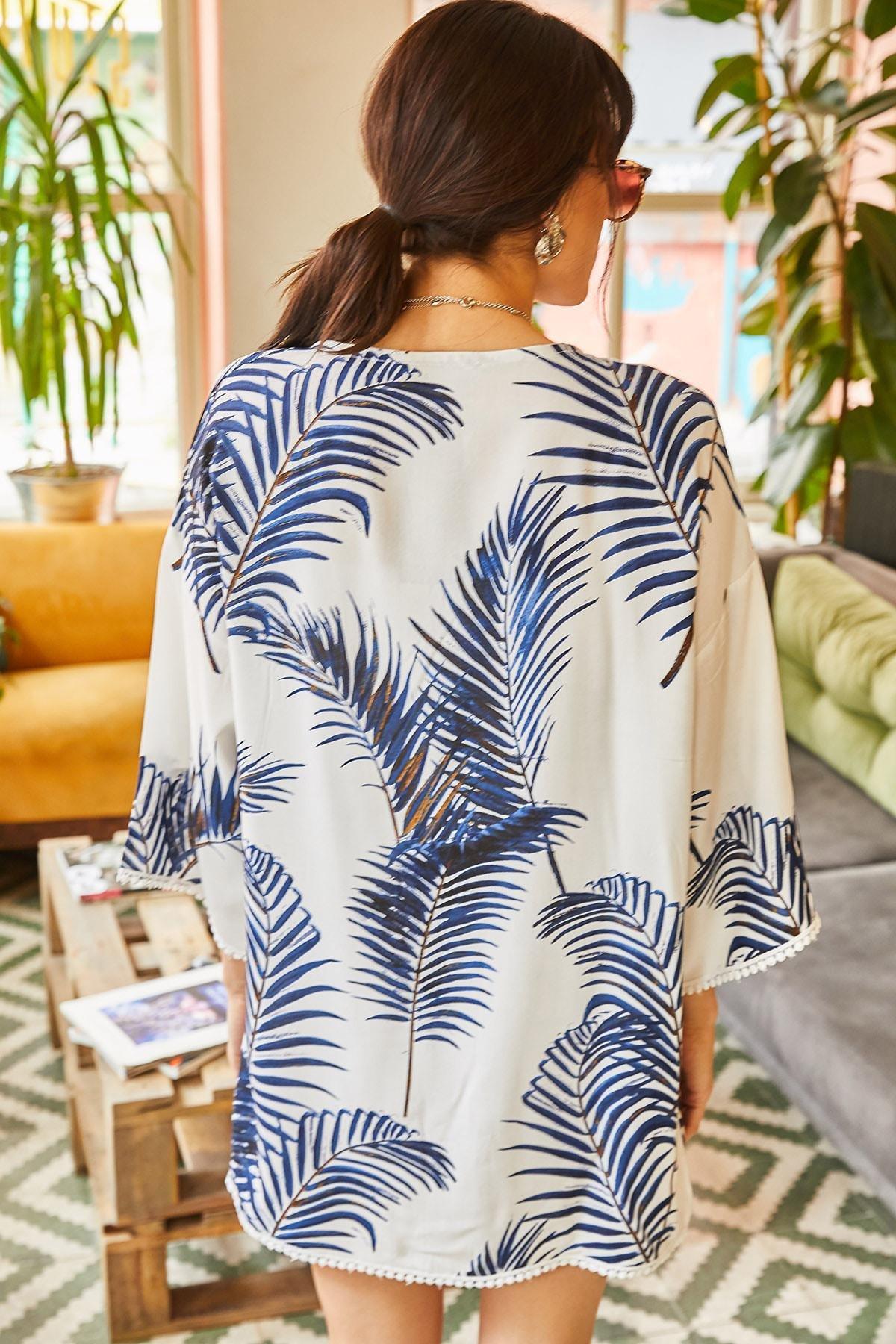 Navy Floral Viscose Kimono, , large image number 4