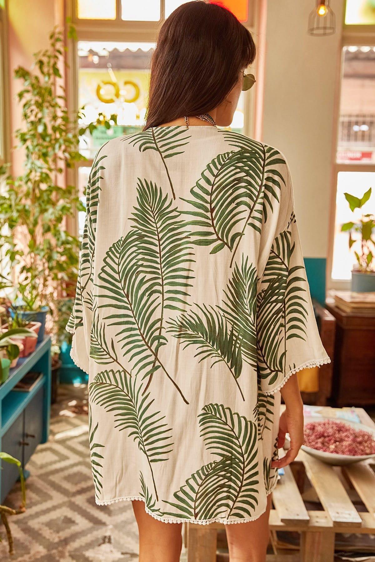 White Palm Guipure Detail Viscose Kimono, White, large image number 4