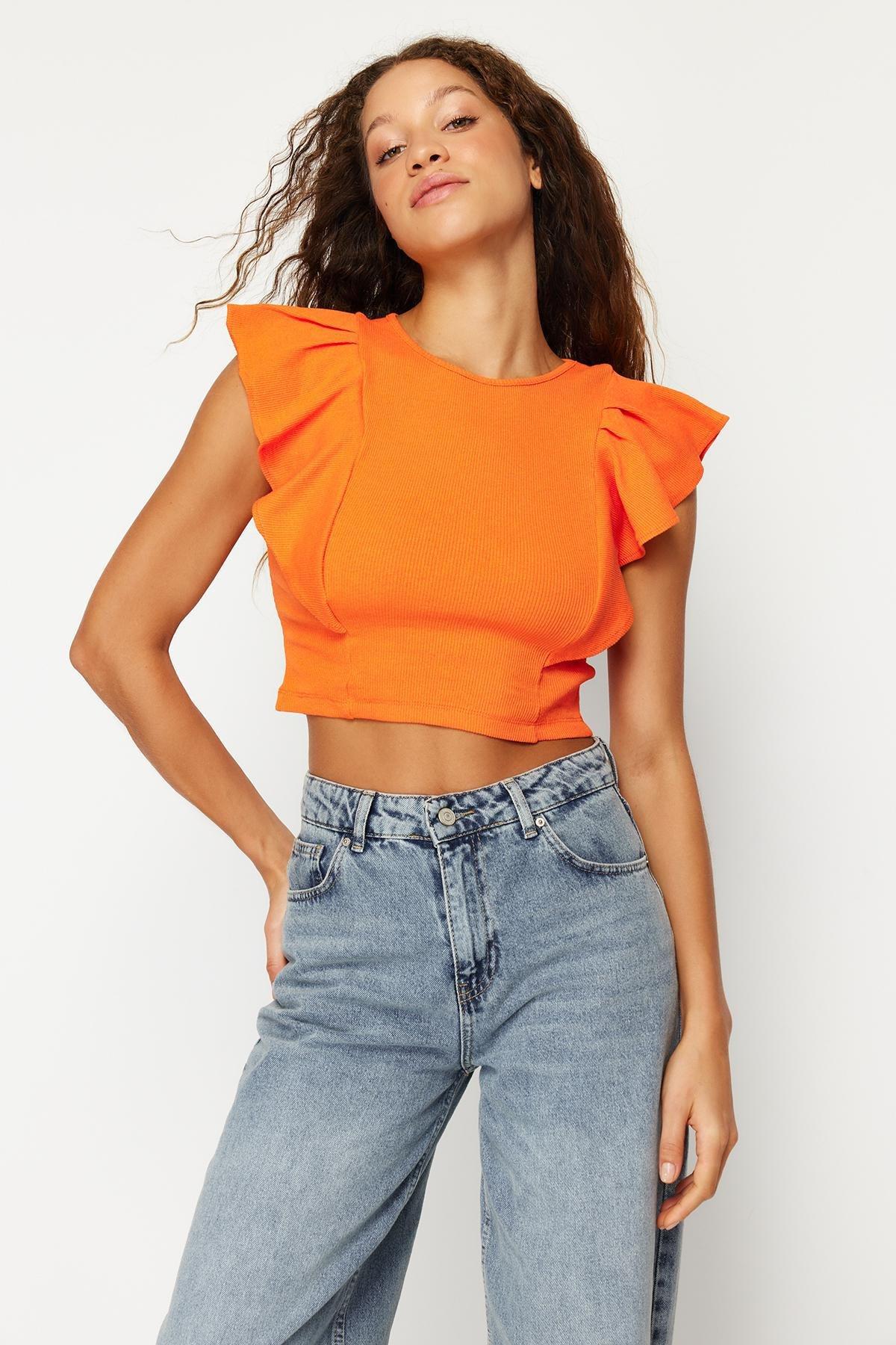 Orange Ruffled Ribbed Knitted Blouse, , medium