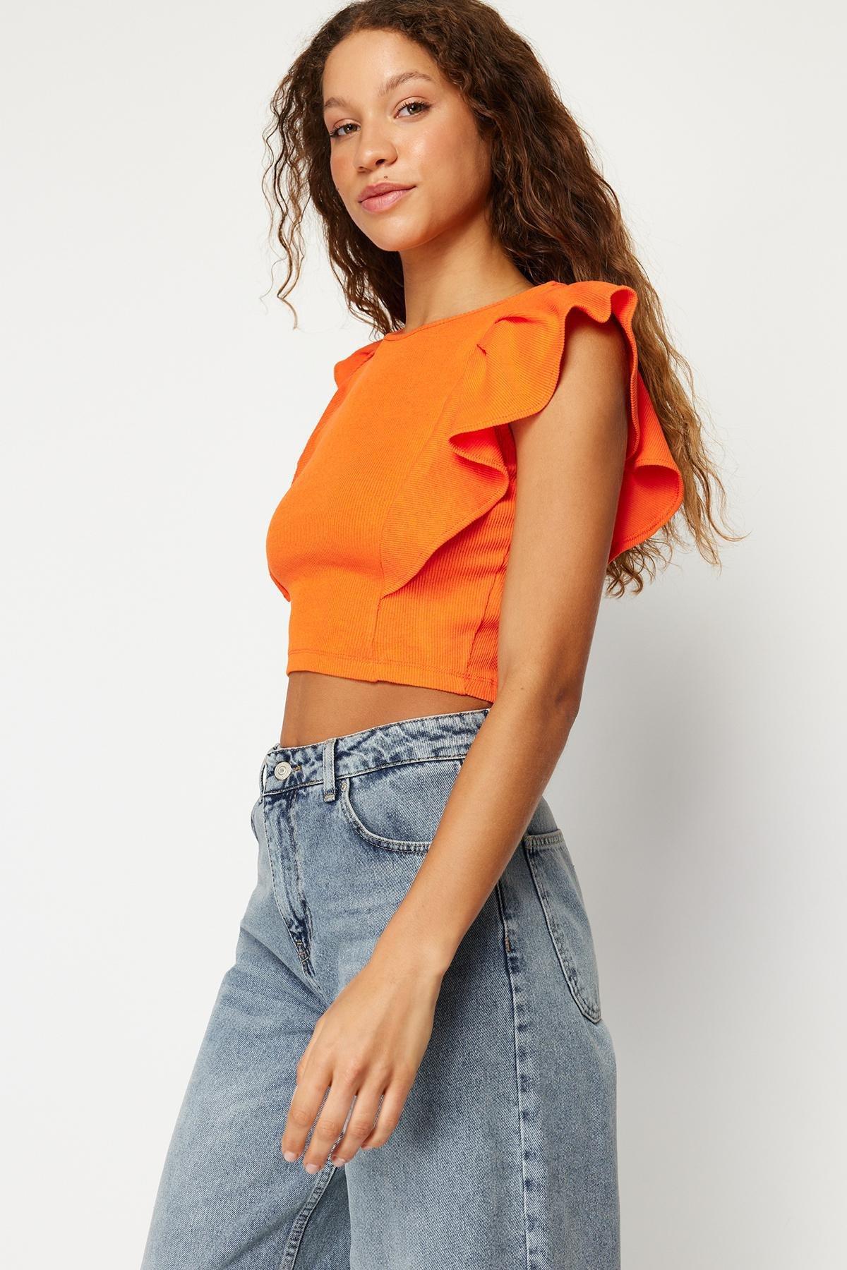 Orange Ruffled Ribbed Knitted Blouse, , large image number 2
