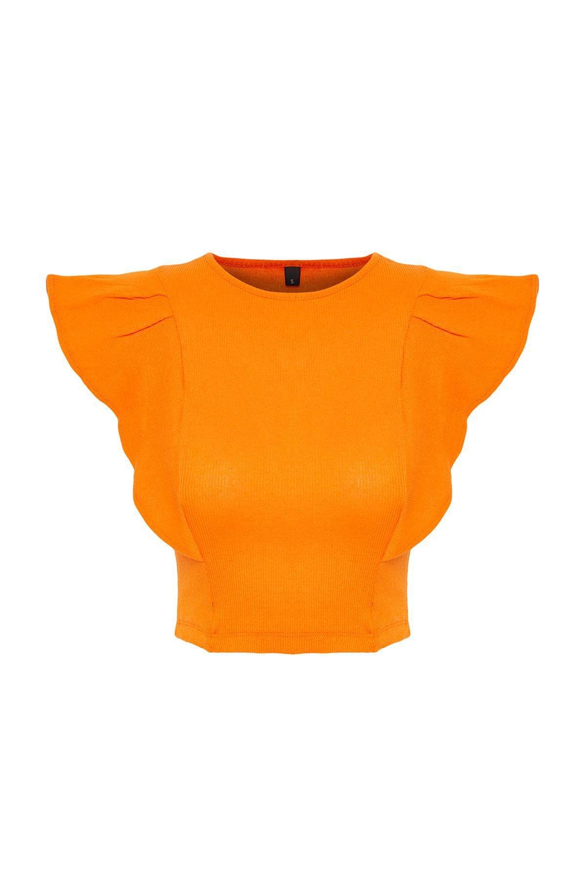 Orange Ruffled Ribbed Knitted Blouse, , large image number 5