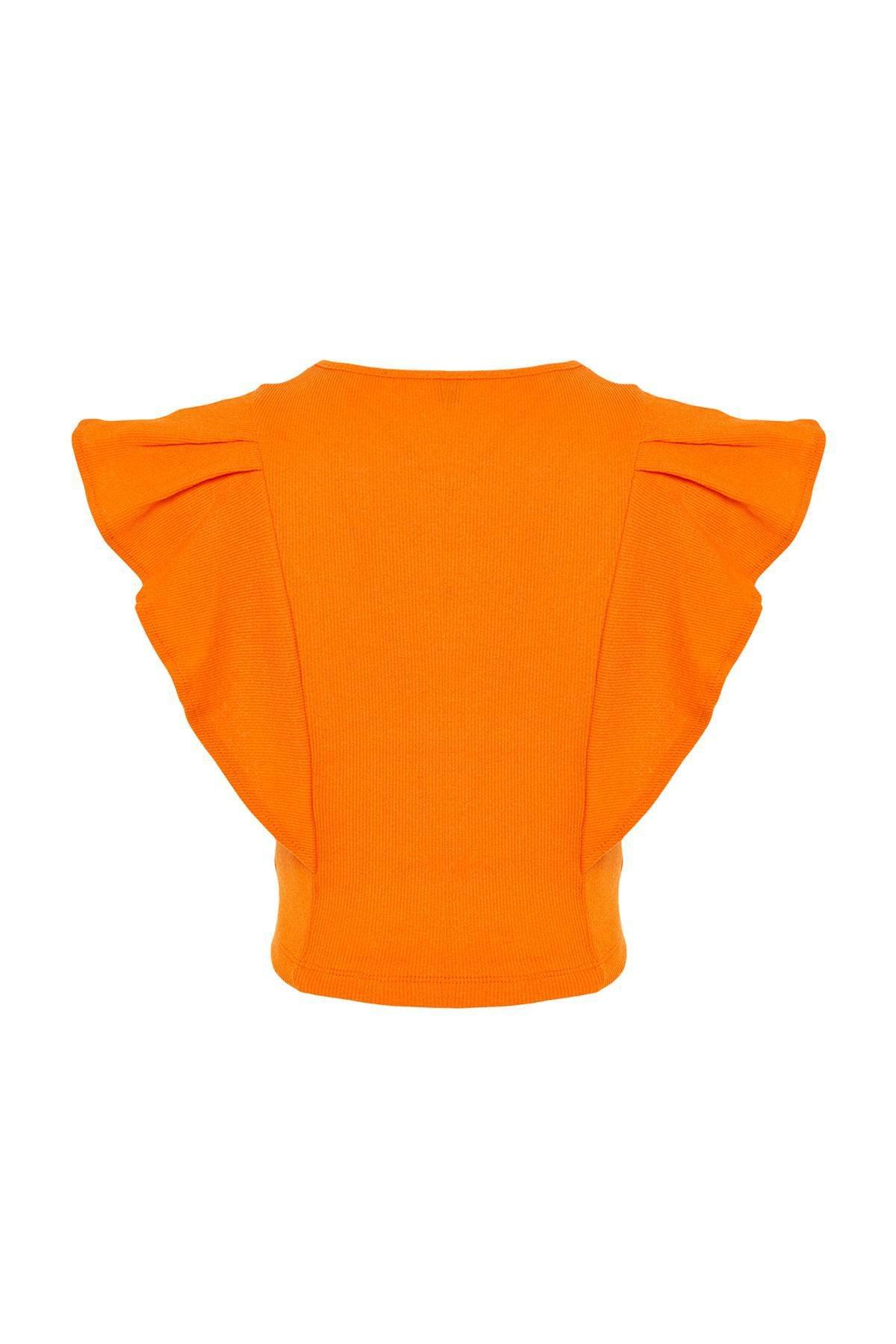 Orange Ruffled Ribbed Knitted Blouse, , large image number 6
