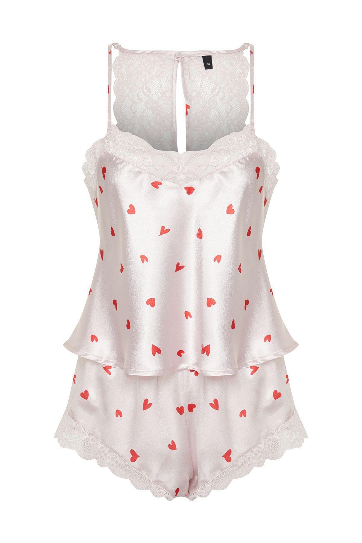 Powder Satin Heart Lace Detailed Rope Strap Woven Pajama Set THMSS24PT00117, 2 pcs, , large image number 5