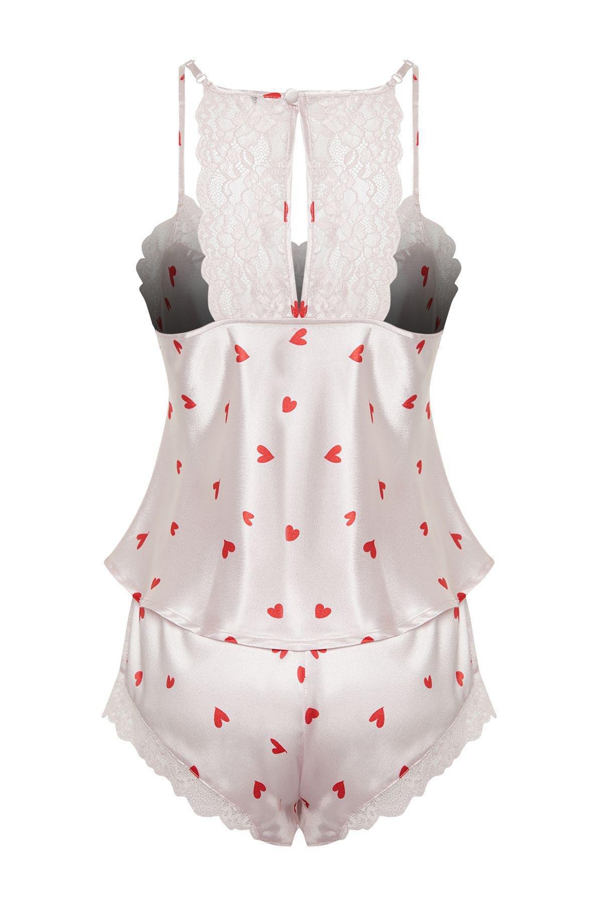 Powder Satin Heart Lace Detailed Rope Strap Woven Pajama Set THMSS24PT00117, 2 pcs, , large image number 6