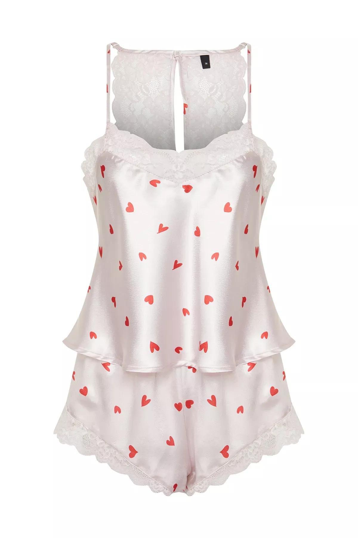 Pink Satin Heart Lace Woven Pyjama, , large image number 7