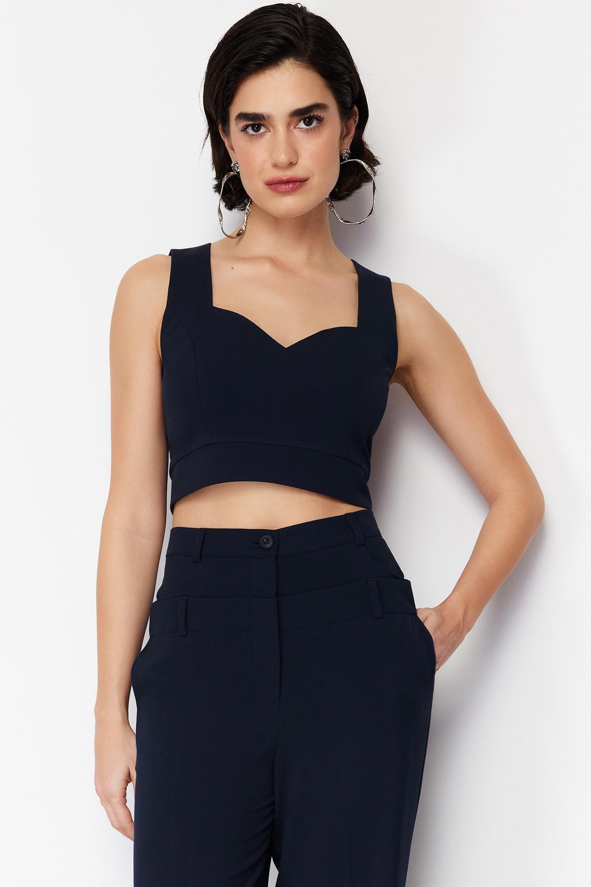 Navy Blue Woven Crop Woven Blouse TWOSS24BZ00332, single, Navy blue, large image number 1