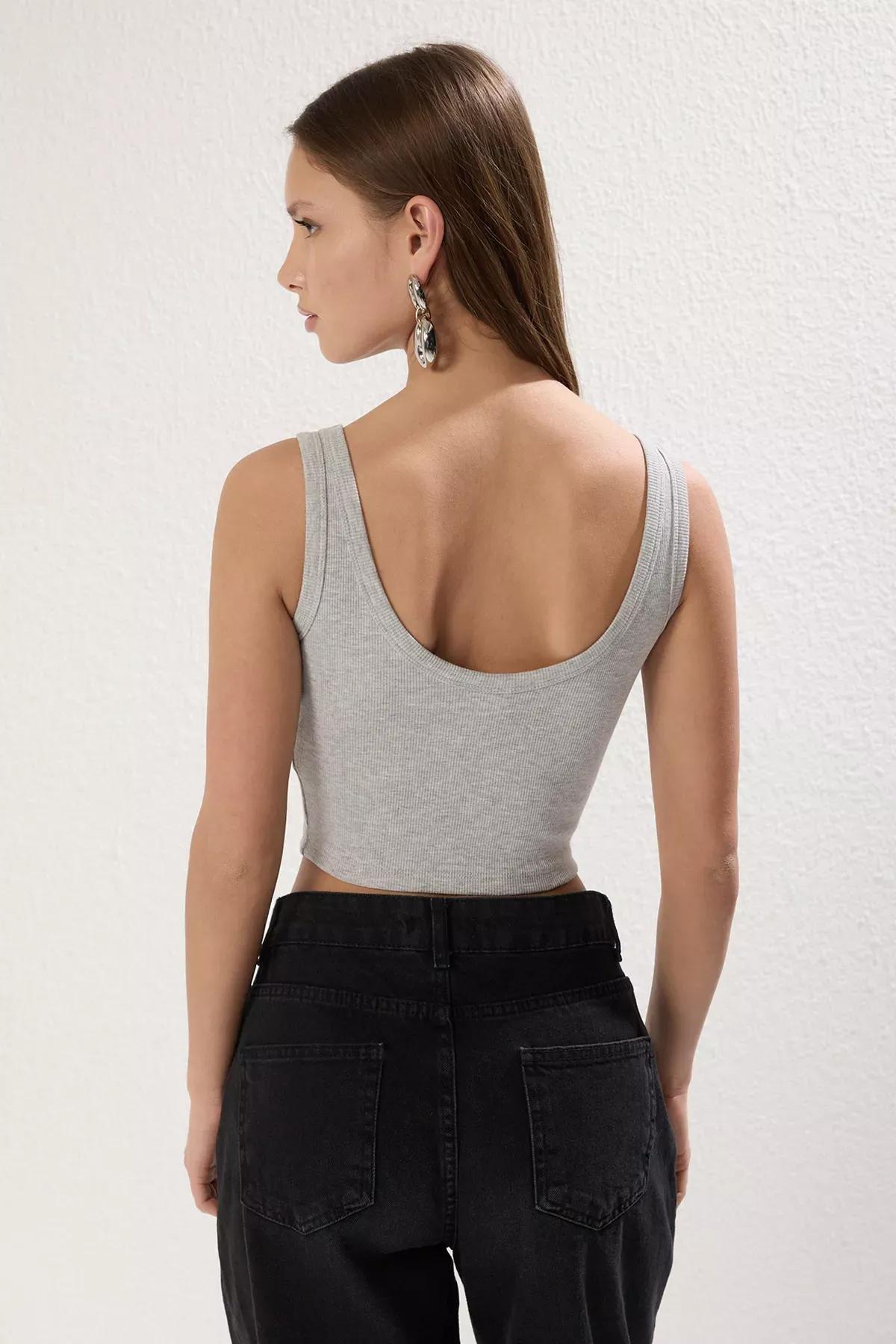 Grey Melange Ribbed V-Neck Undershirt, , large image number 3