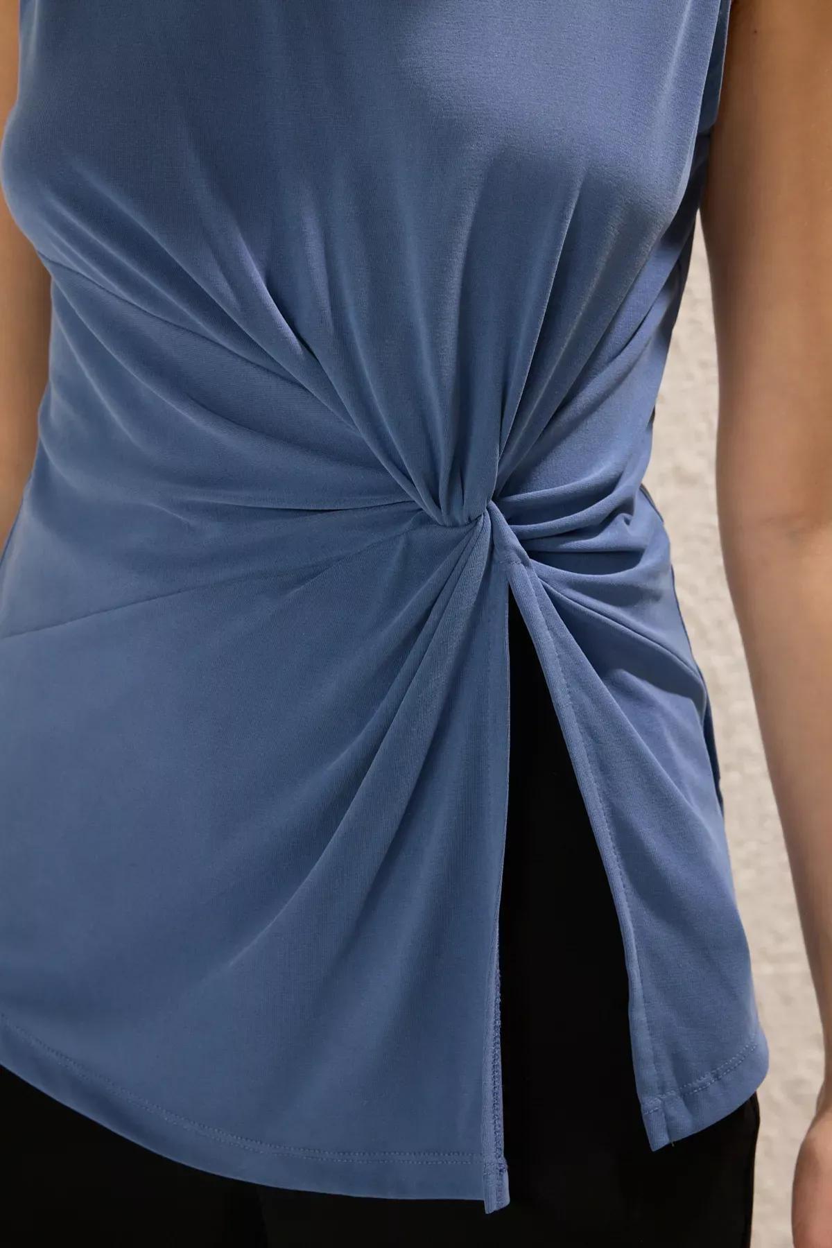 Blue Collared Slit Detailed Knitted Blouse, Indigo, large image number 2