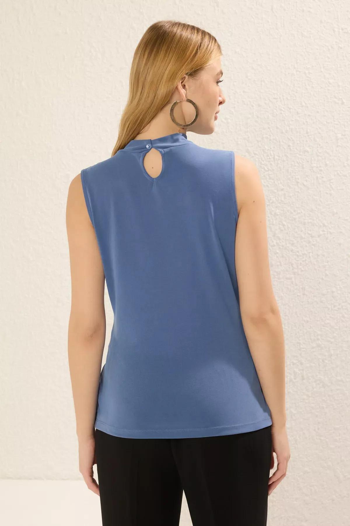 Blue Collared Slit Detailed Knitted Blouse, Indigo, large image number 3