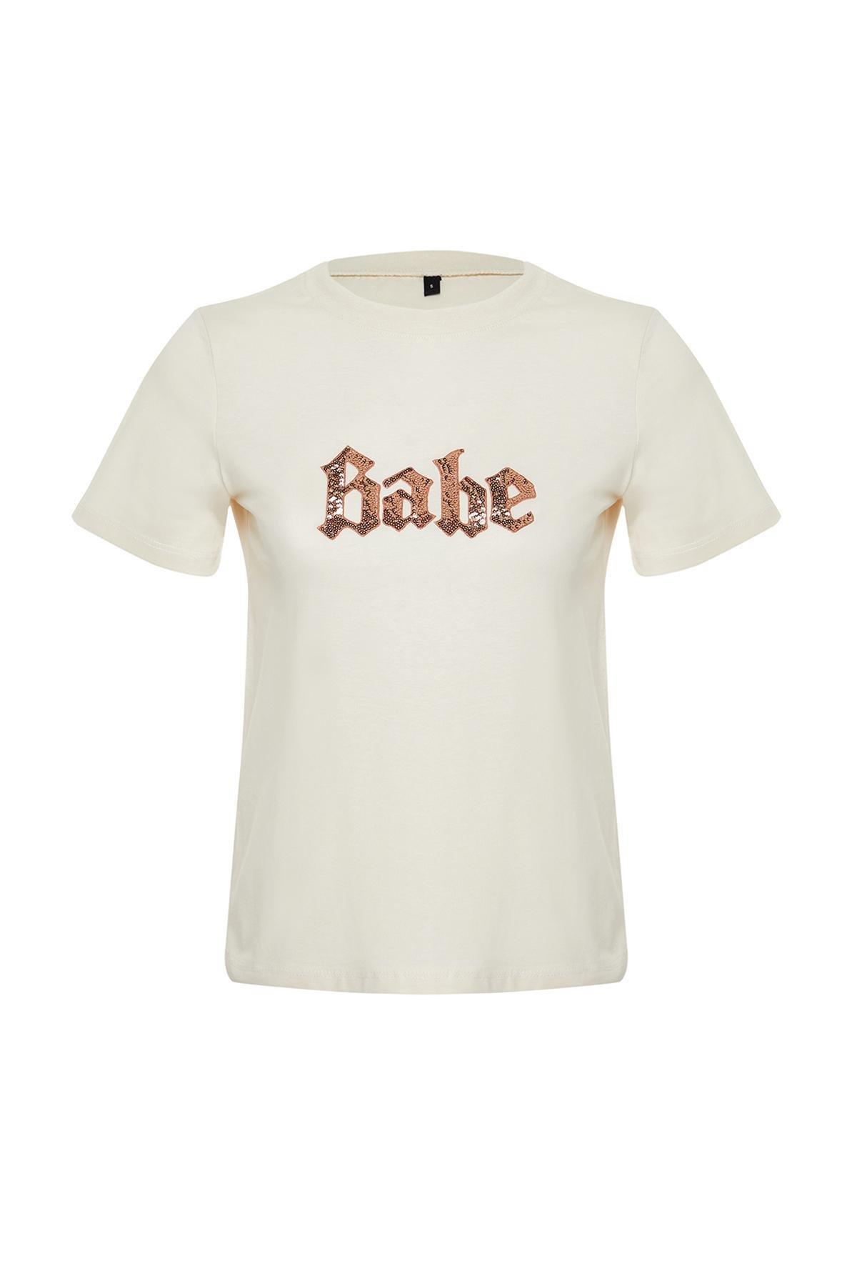 Beige Sequined Embroidered Pattern Knitted T-Shirt, , medium