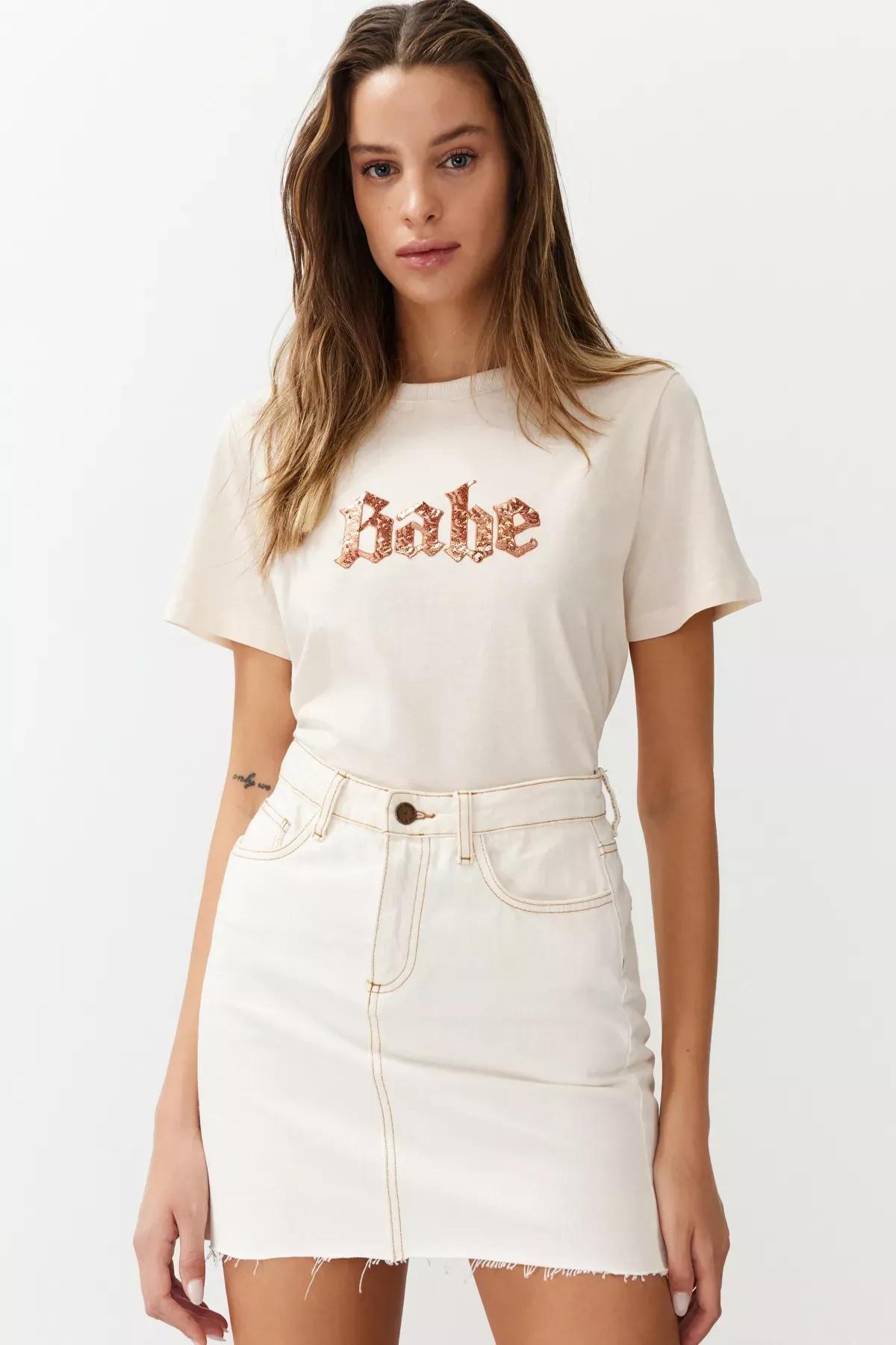 Beige Sequined Embroidered Pattern Knitted T-Shirt, STONE, medium