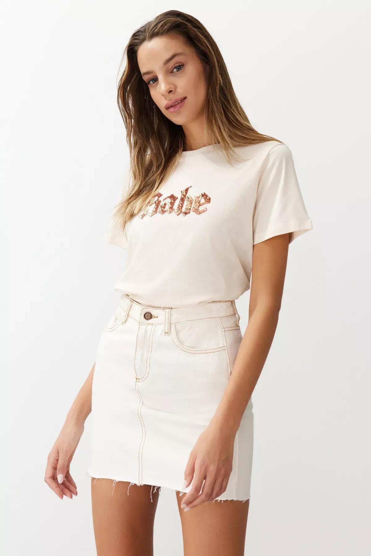 Beige Sequined Embroidered Pattern Knitted T-Shirt, STONE, medium