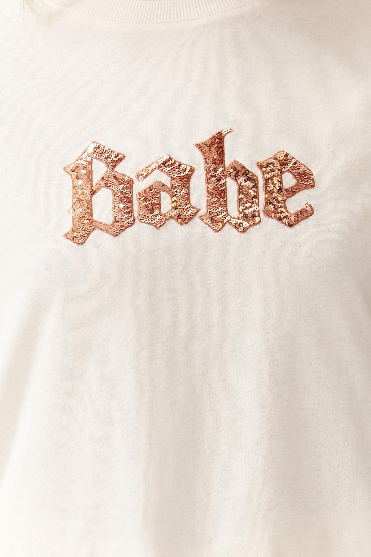 Beige Sequined Embroidered Pattern Knitted T-Shirt, , large image number 2