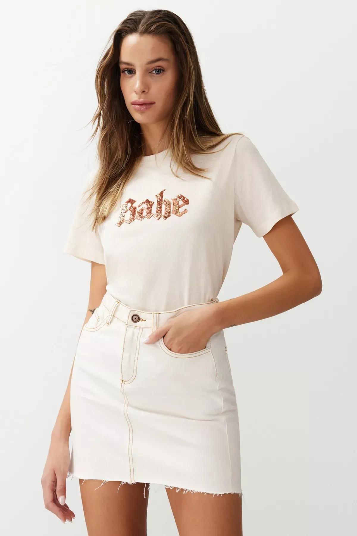 Beige Sequined Embroidered Pattern Knitted T-Shirt, STONE, medium